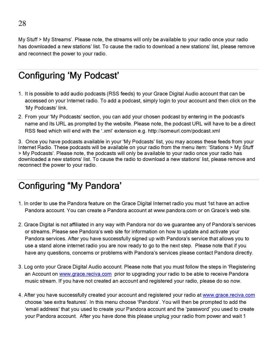 Grace GDI-IRA500 manual Configuring ‘My Podcast’, Configuring My Pandora’ 