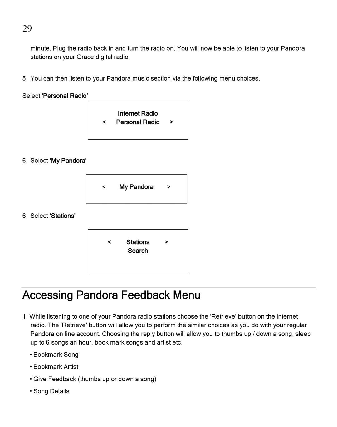 Grace GDI-IRA500 manual Accessing Pandora Feedback Menu, Select ‘My Pandora’ Select ‘Stations’ Search 