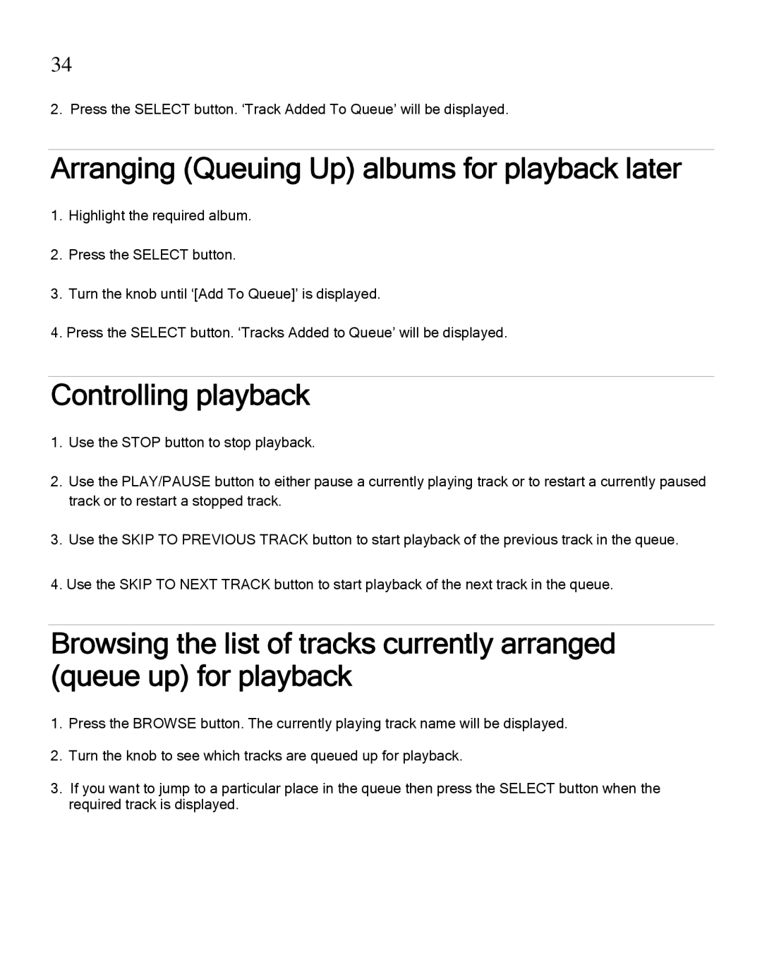 Grace GDI-IRA500 manual Arranging Queuing Up albums for playback later, Controlling playback 