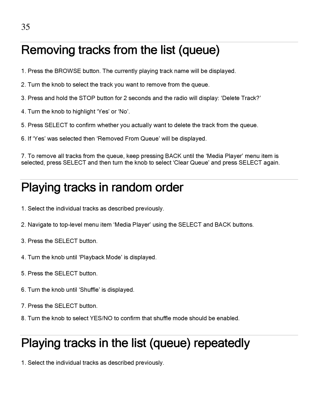 Grace GDI-IRA500 manual Removing tracks from the list queue, Playing tracks in random order 