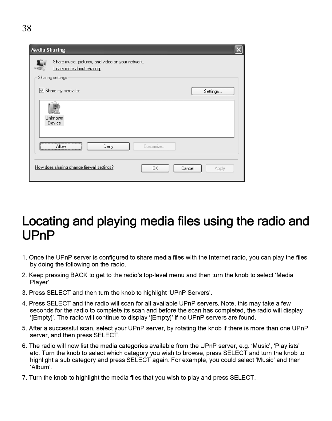 Grace GDI-IRA500 manual Locating and playing media files using the radio and UPnP 