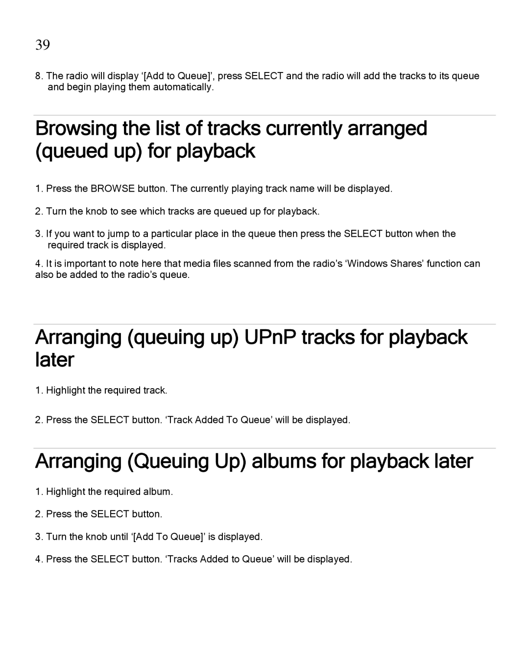 Grace GDI-IRA500 manual Arranging queuing up UPnP tracks for playback later, Arranging Queuing Up albums for playback later 