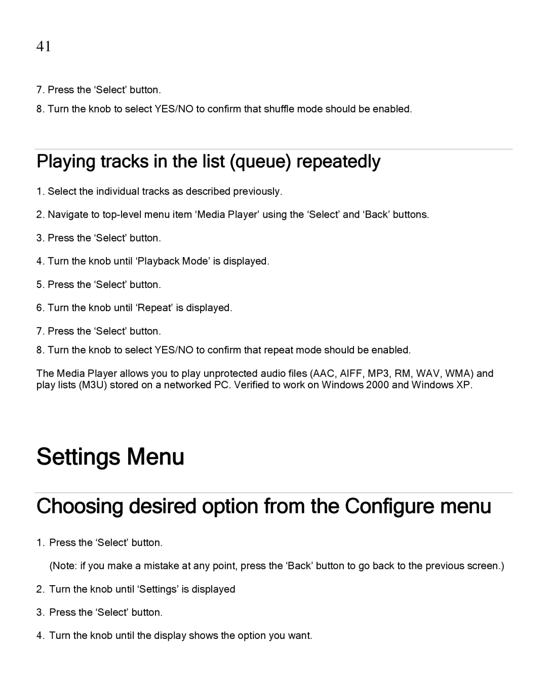 Grace GDI-IRA500 manual Choosing desired option from the Configure menu, Playing tracks in the list queue repeatedly 