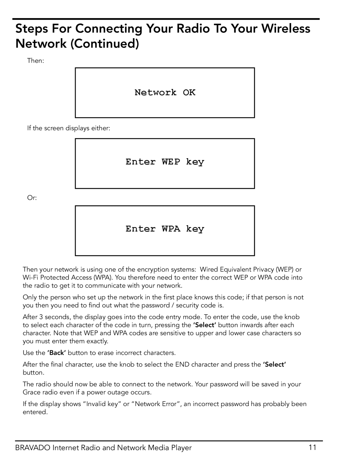 Grace GDI-IRD4400M manual Network OK, Enter WEP key Enter WPA key 