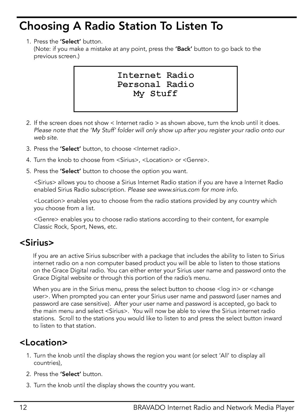 Grace GDI-IRD4400M manual Choosing a Radio Station To Listen To, Internet Radio Personal Radio My Stuff 