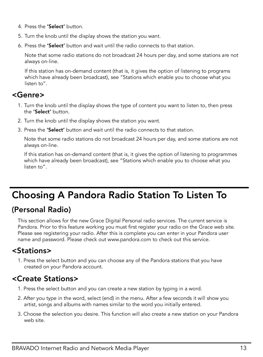 Grace GDI-IRD4400M manual Choosing a Pandora Radio Station To Listen To, Genre 