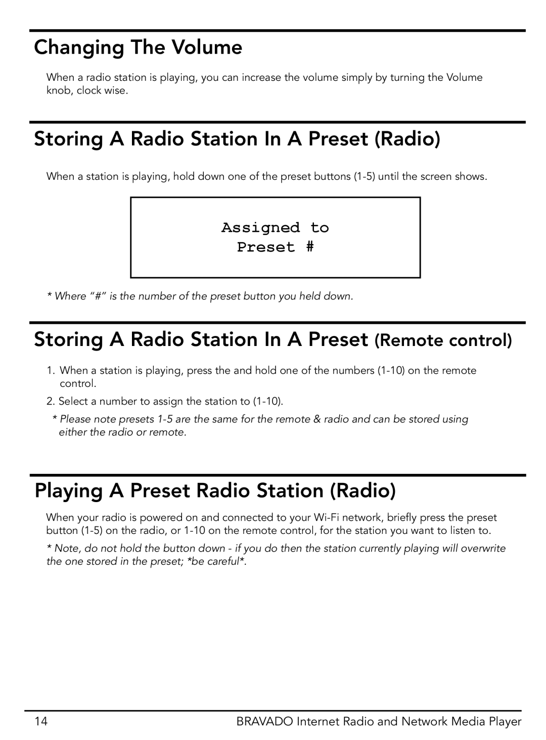 Grace GDI-IRD4400M Changing The Volume, Storing a Radio Station In a Preset Radio, Playing a Preset Radio Station Radio 