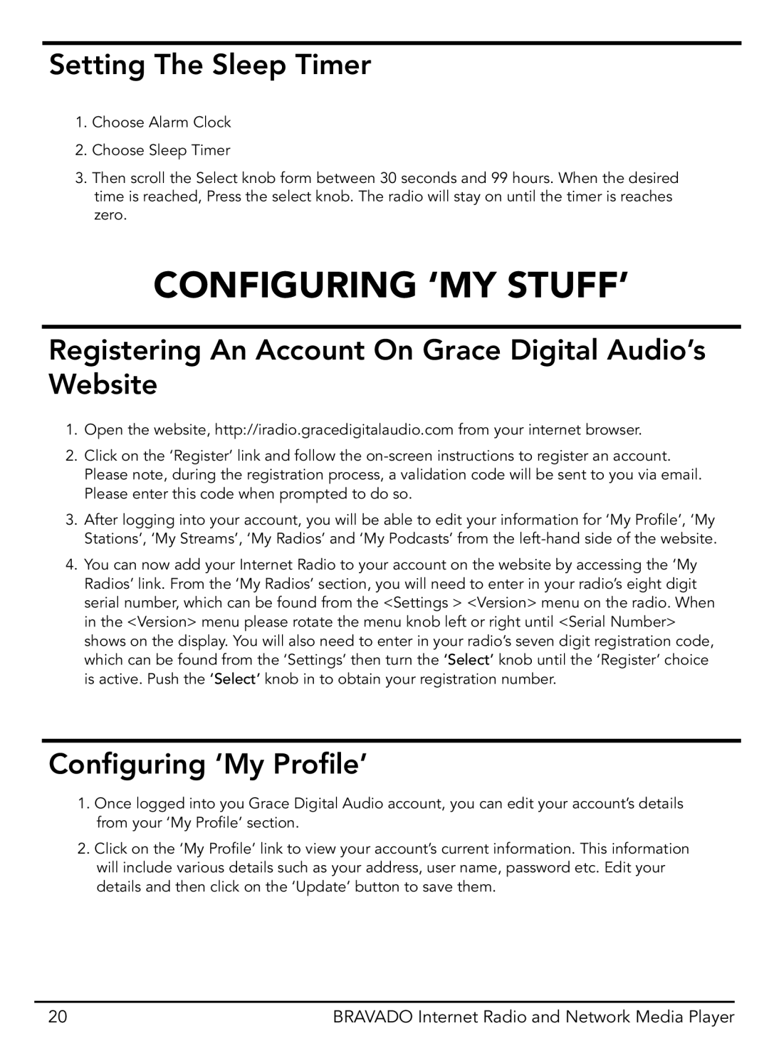 Grace GDI-IRD4400M manual Configuring ‘MY STUFF’, Setting The Sleep Timer, Configuring ‘My Profile’ 