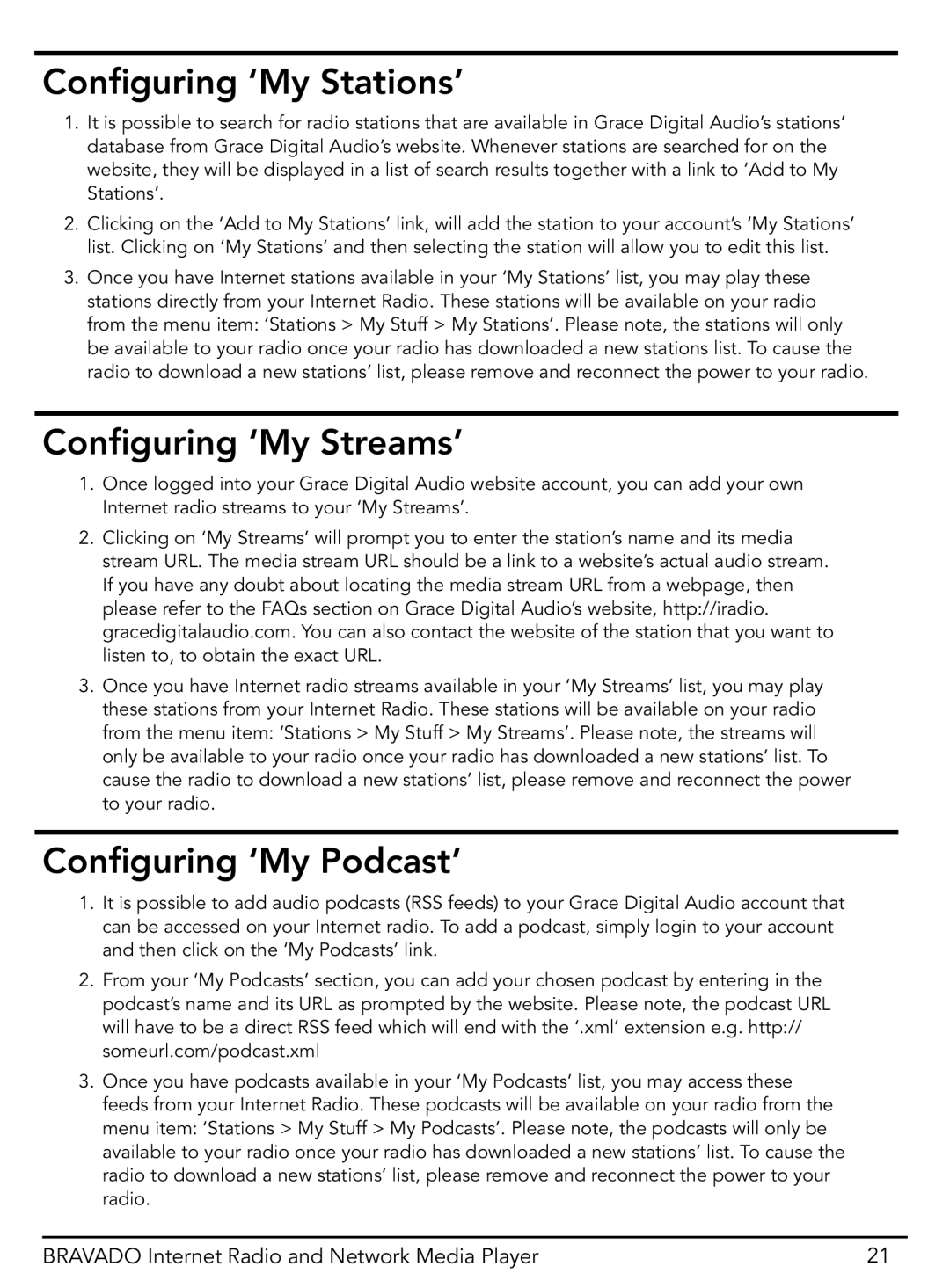 Grace GDI-IRD4400M manual Configuring ‘My Stations’, Configuring ‘My Streams’, Configuring ‘My Podcast’ 