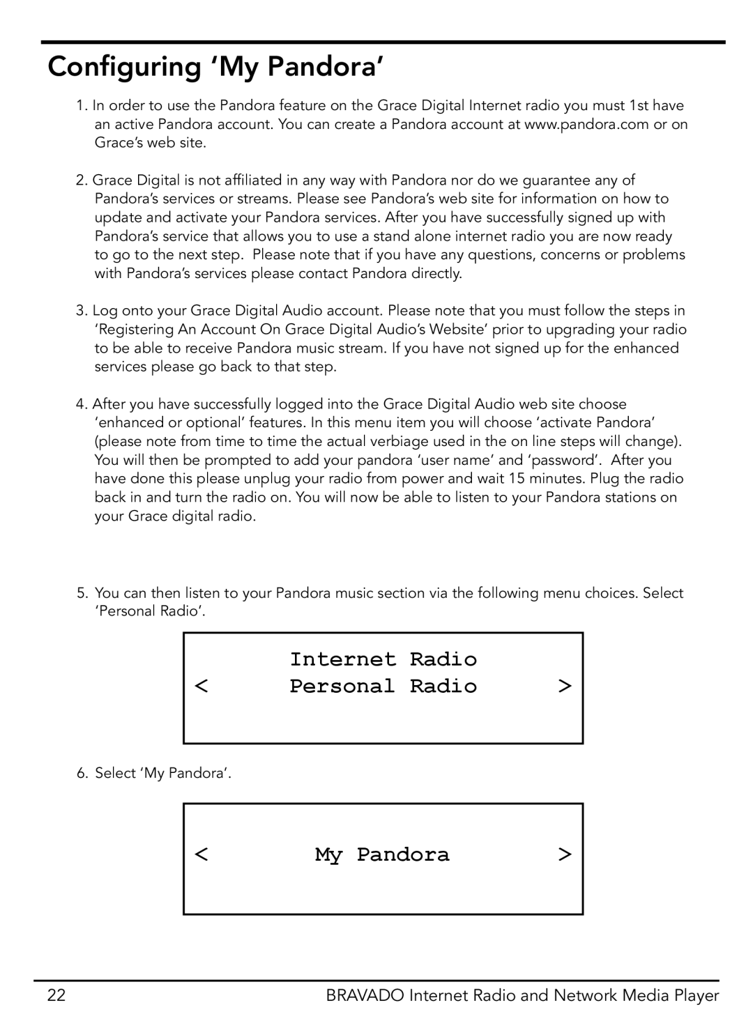 Grace GDI-IRD4400M manual Configuring ‘My Pandora’, Internet Radio Personal 