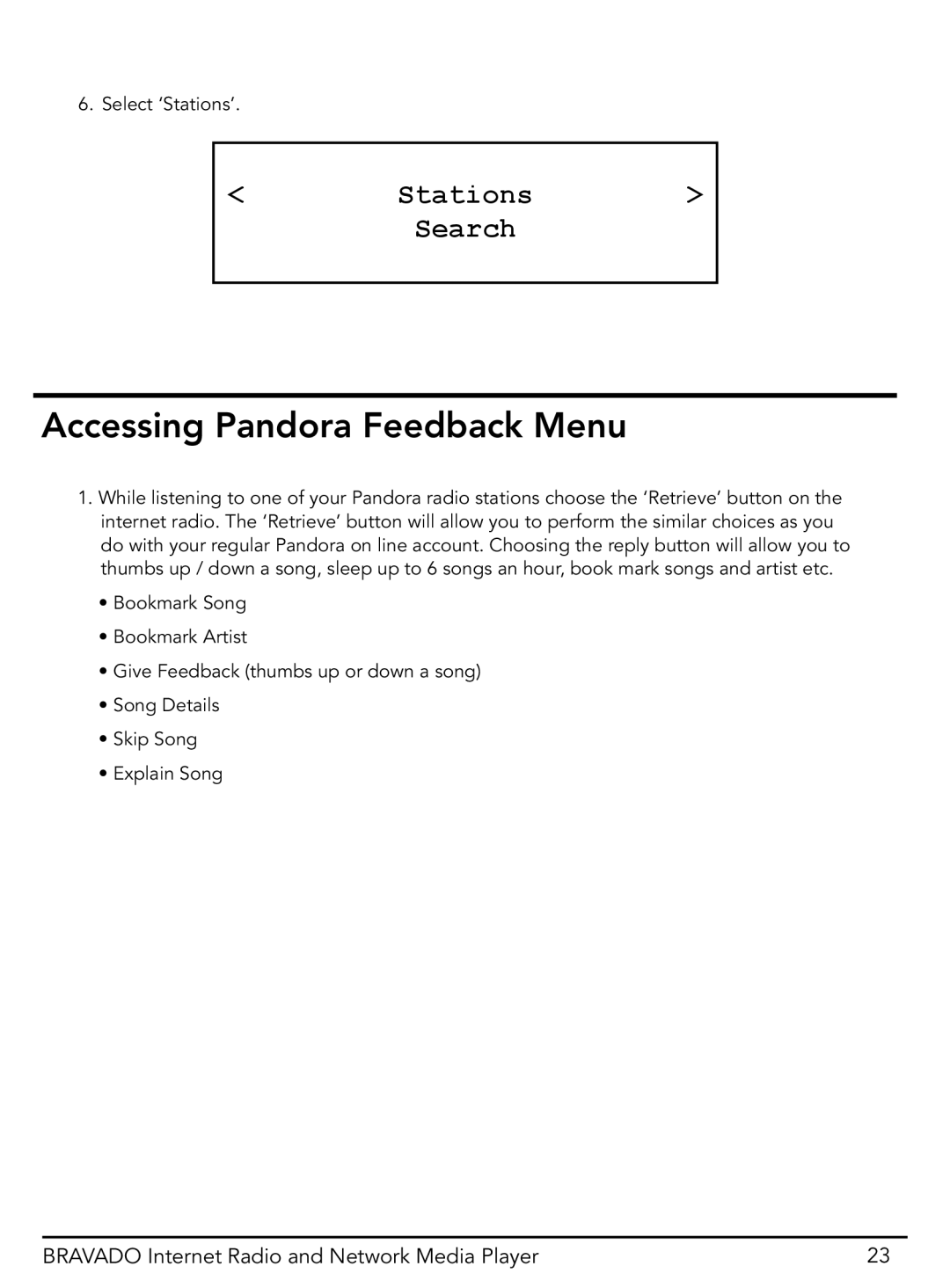 Grace GDI-IRD4400M manual Accessing Pandora Feedback Menu, Stations Search 