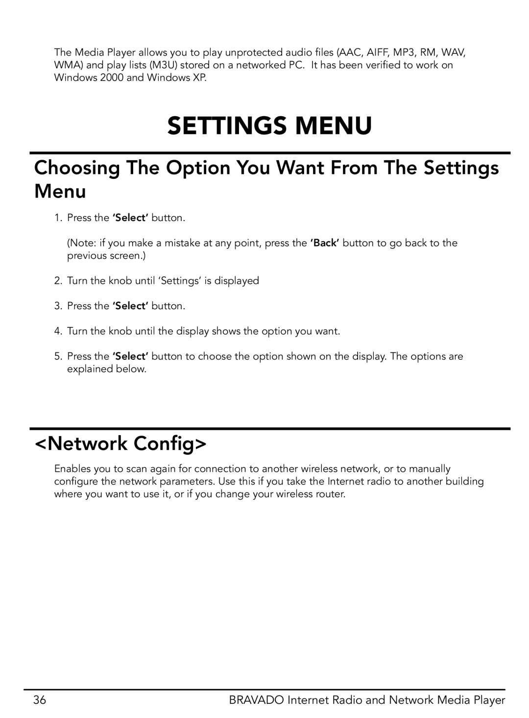 Grace GDI-IRD4400M manual Choosing The Option You Want From The Settings Menu, Network Config 