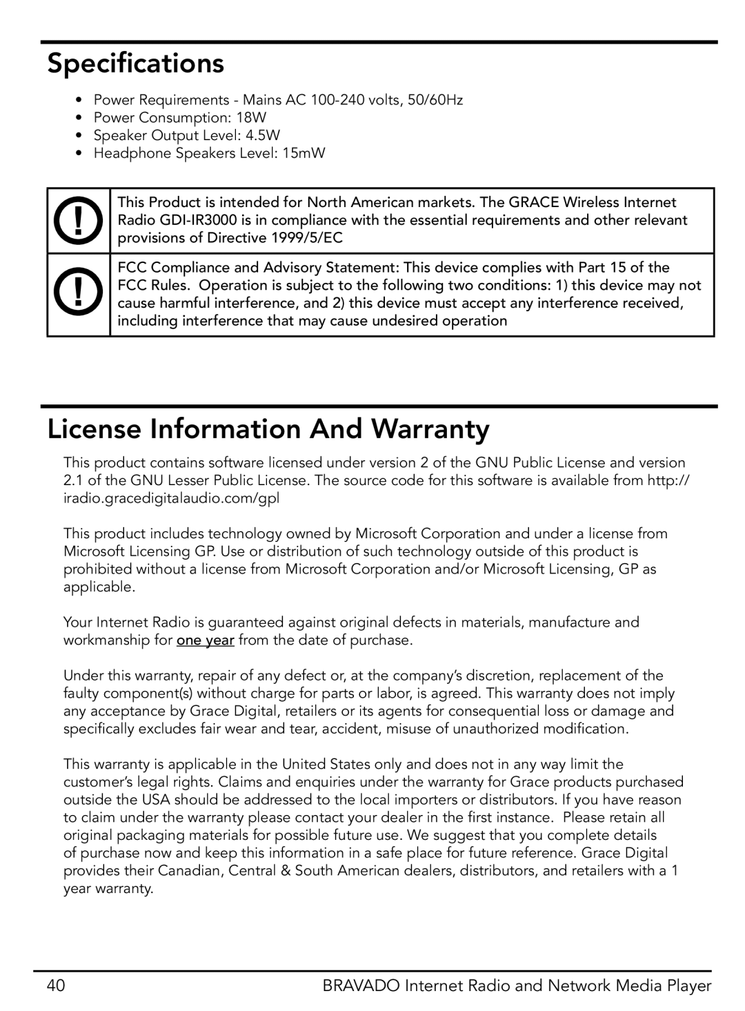 Grace GDI-IRD4400M manual Specifications, License Information And Warranty 