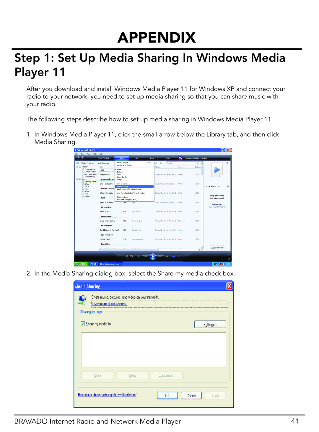 Grace GDI-IRD4400M manual Appendix, Set Up Media Sharing In Windows Media Player 