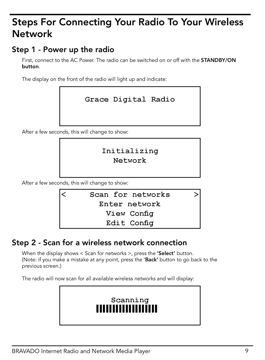 Grace GDI-IRD4400M Steps For Connecting Your Radio To Your Wireless Network, Grace Digital Radio, Initializing, Scanning 