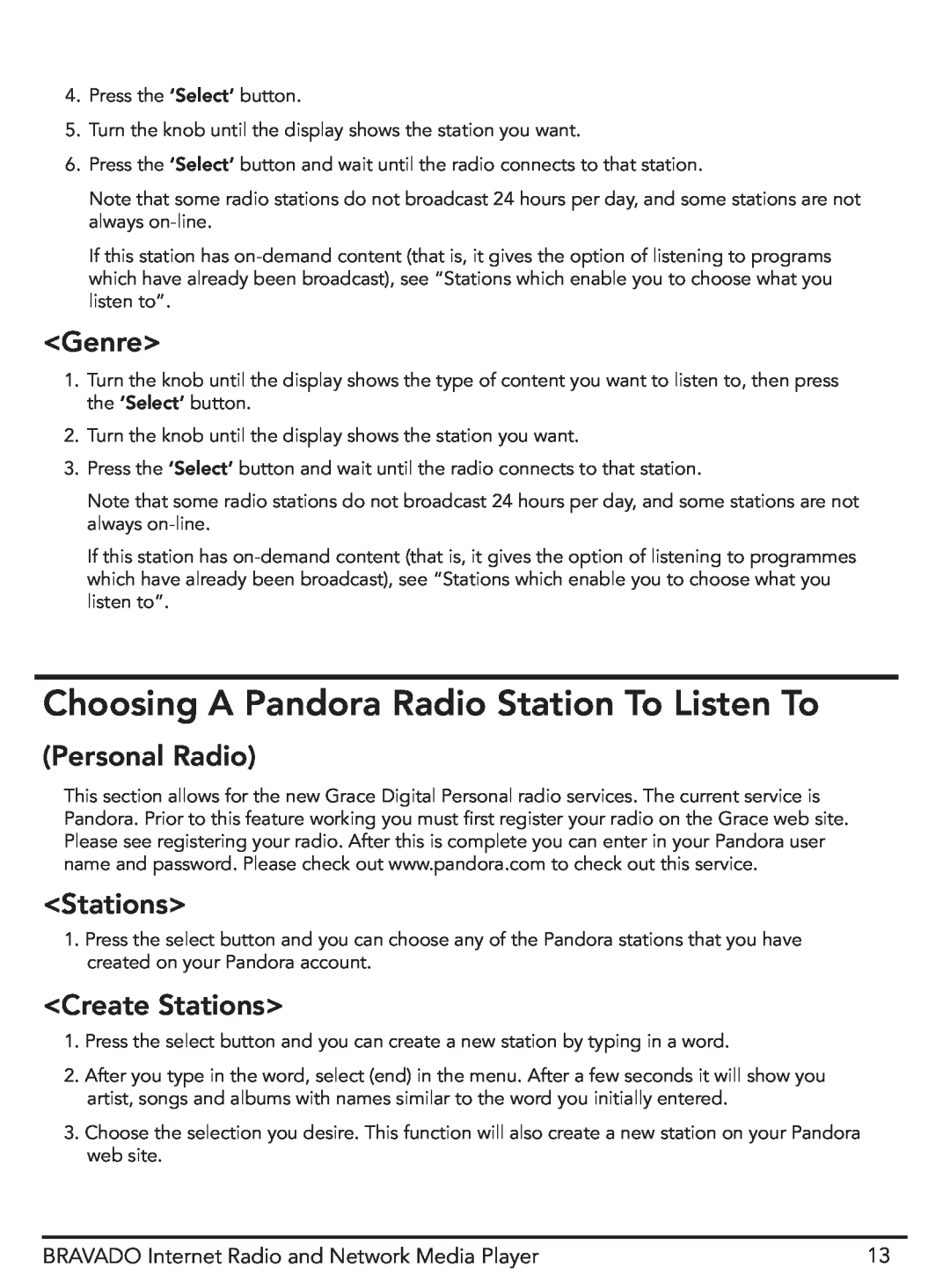 Grace GDI-IRD4400M manual Choosing A Pandora Radio Station To Listen To, Genre, Personal Radio, Create Stations 