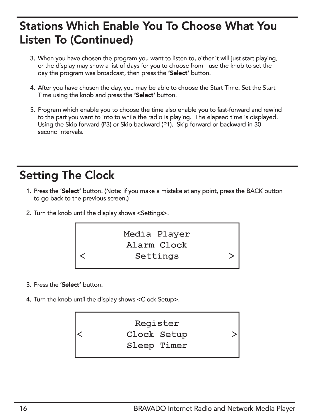 Grace GDI-IRD4400M manual Setting The Clock, Media Player Alarm Clock Settings, Register Clock Setup Sleep Timer 