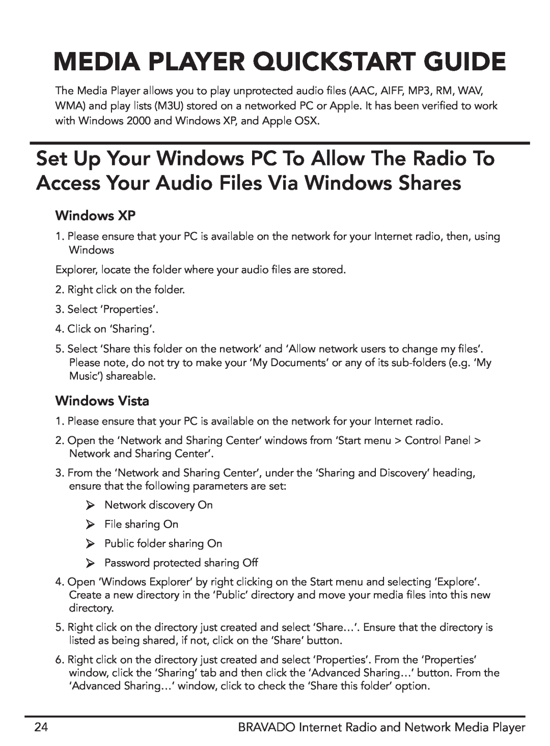 Grace GDI-IRD4400M manual Media Player Quickstart Guide, Windows XP, Windows Vista 
