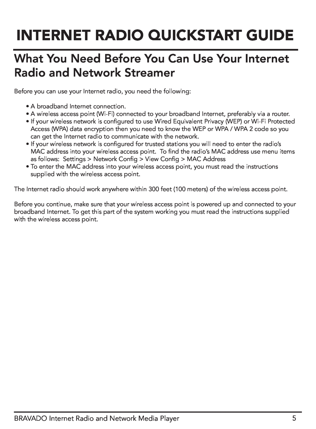 Grace GDI-IRD4400M manual Internet Radio Quickstart Guide, BRAVADO Internet Radio and Network Media Player 