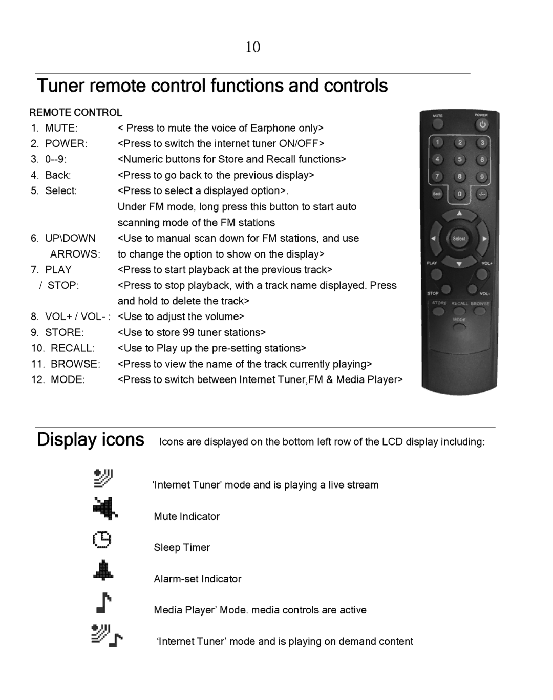 Grace GDI-IRDT200 manual Tuner remote control functions and controls, Power 