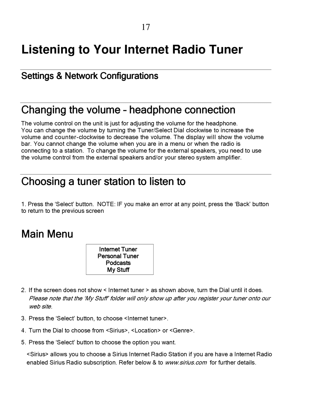 Grace GDI-IRDT200 manual Changing the volume headphone connection, Choosing a tuner station to listen to, Main Menu 