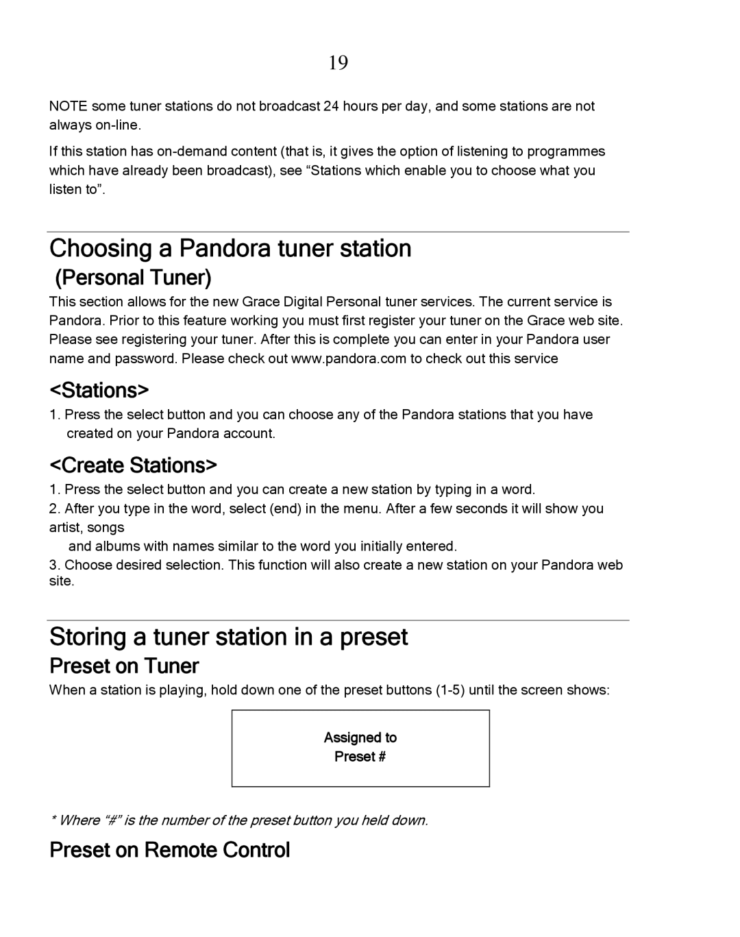 Grace GDI-IRDT200 manual Choosing a Pandora tuner station, Storing a tuner station in a preset 