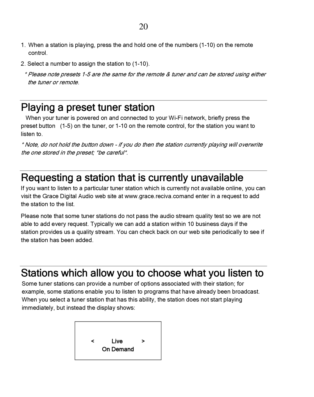 Grace GDI-IRDT200 manual Playing a preset tuner station, Requesting a station that is currently unavailable 