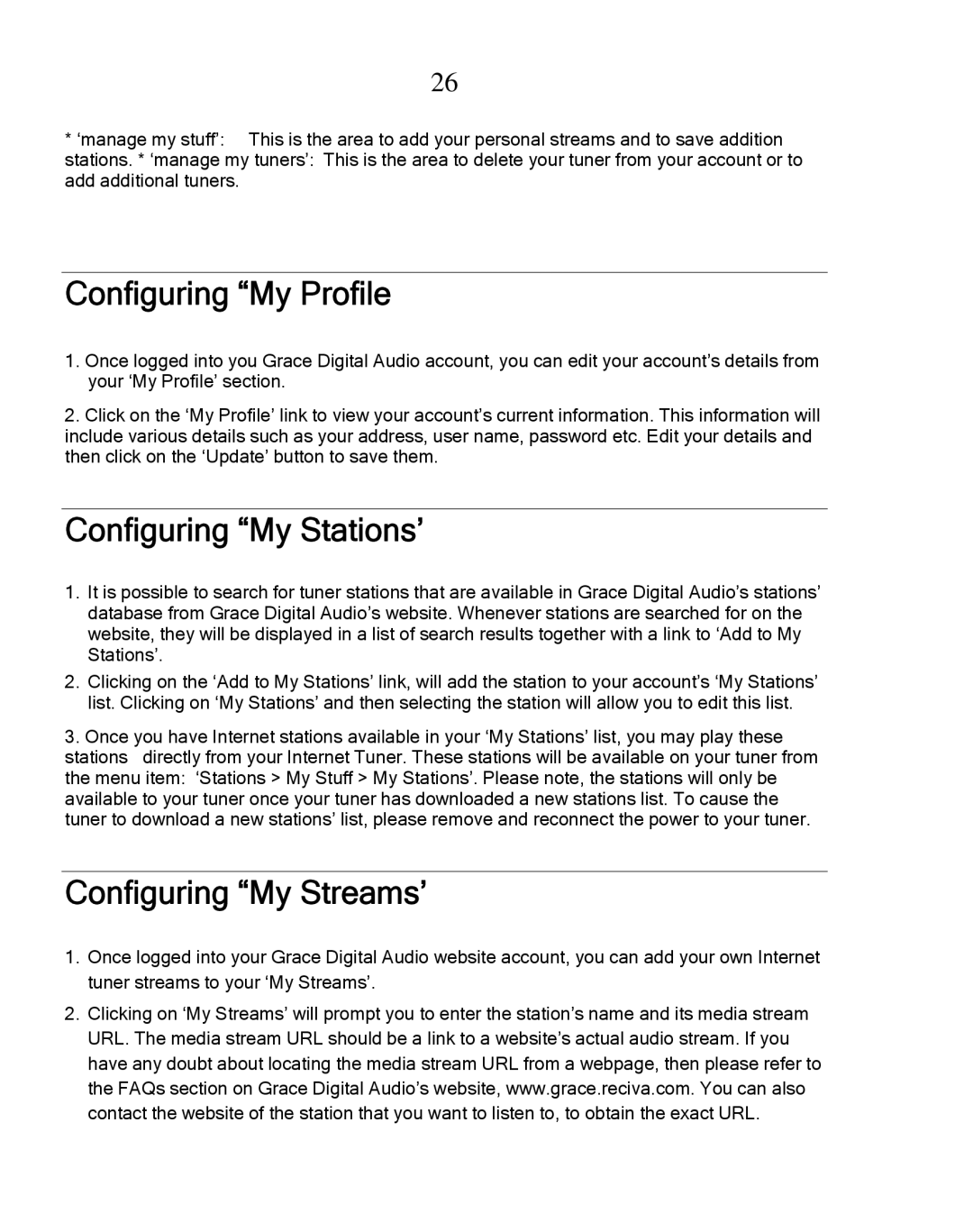 Grace GDI-IRDT200 manual Configuring My Profile, Configuring My Stations’, Configuring My Streams’ 