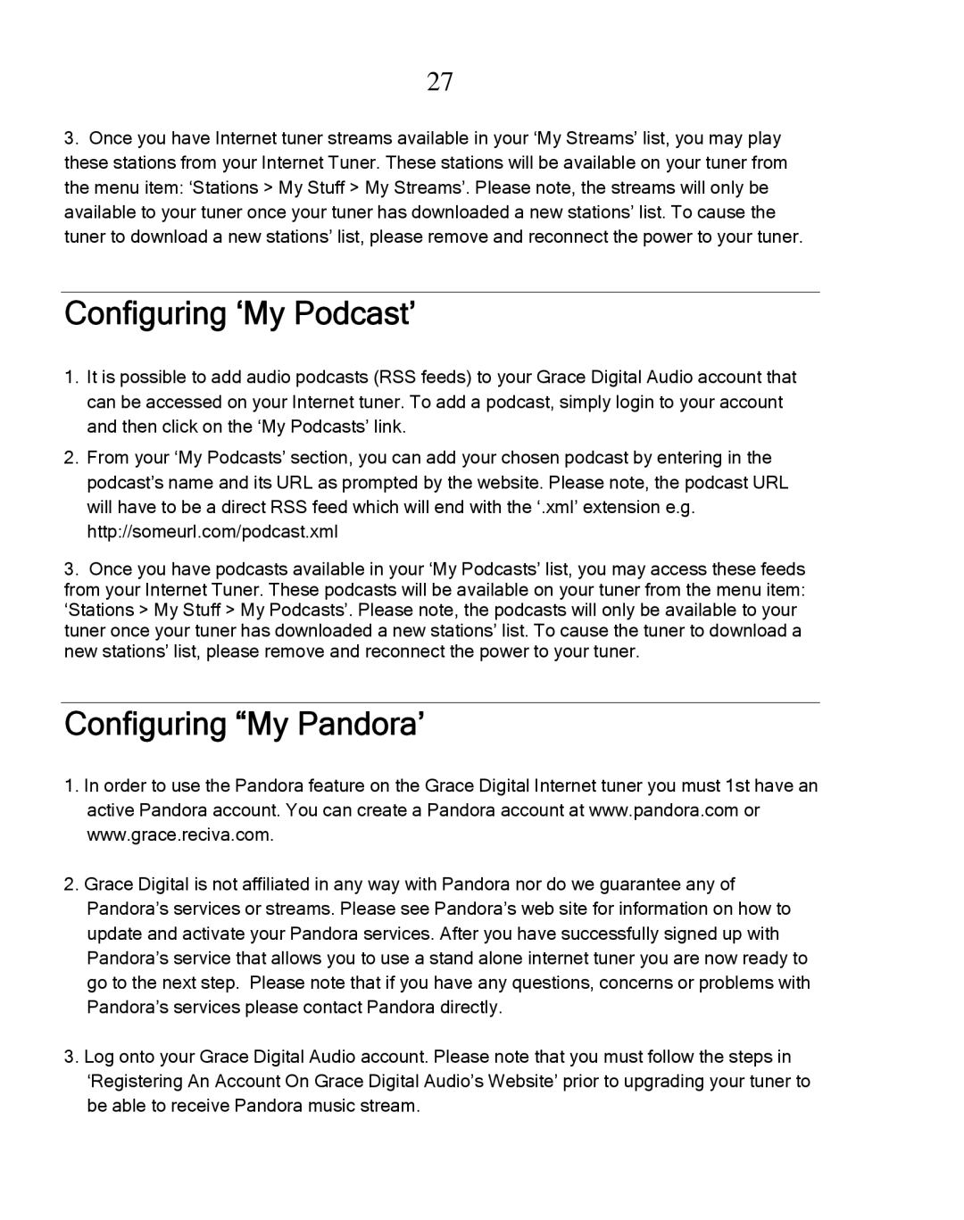 Grace GDI-IRDT200 manual Configuring ‘My Podcast’, Configuring My Pandora’ 