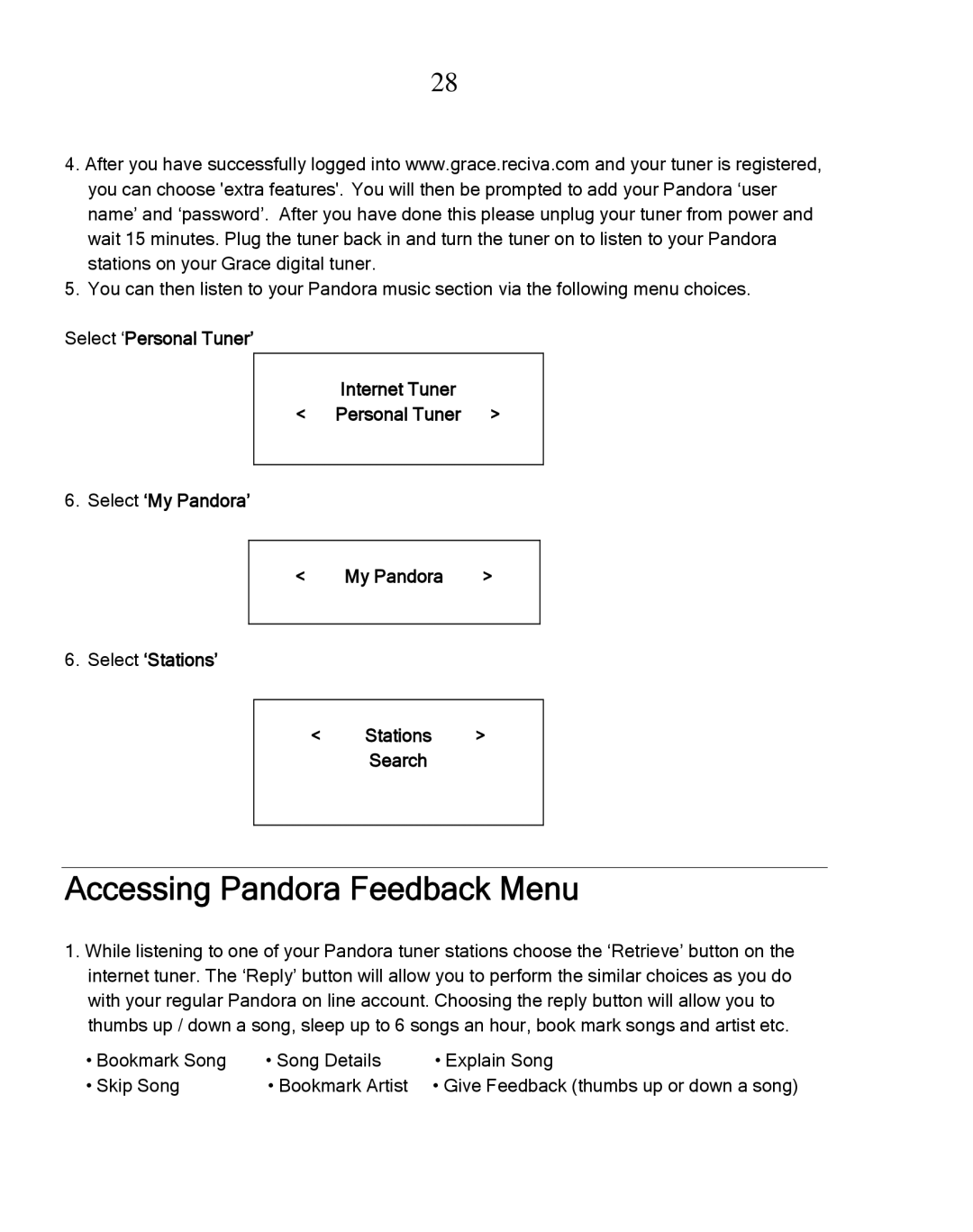 Grace GDI-IRDT200 manual Accessing Pandora Feedback Menu 