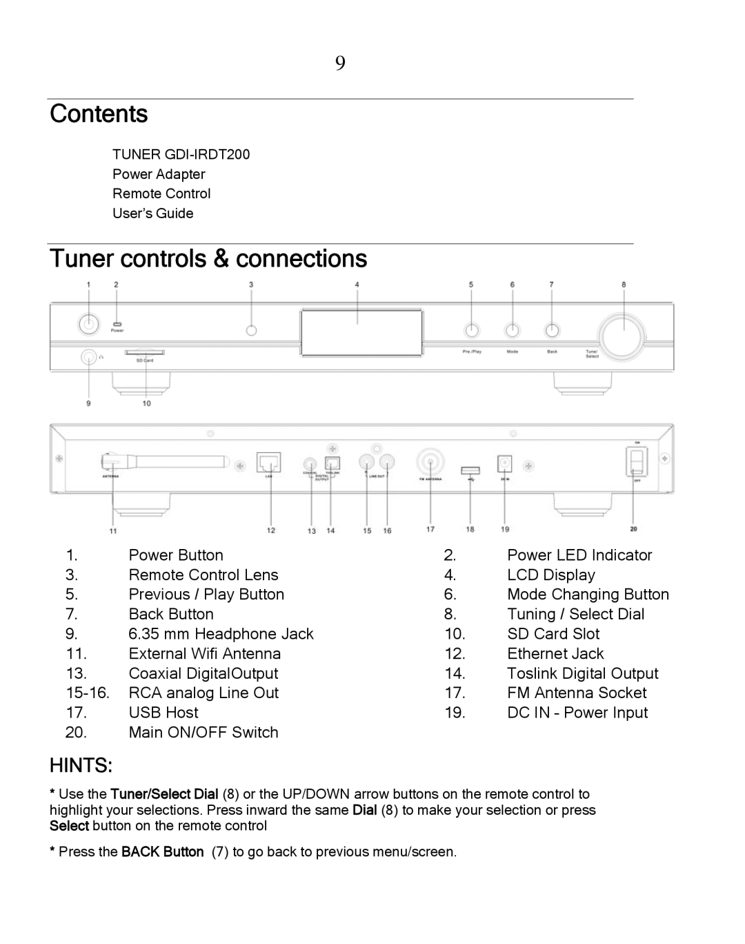 Grace GDI-IRDT200 manual Contents, Tuner controls & connections 