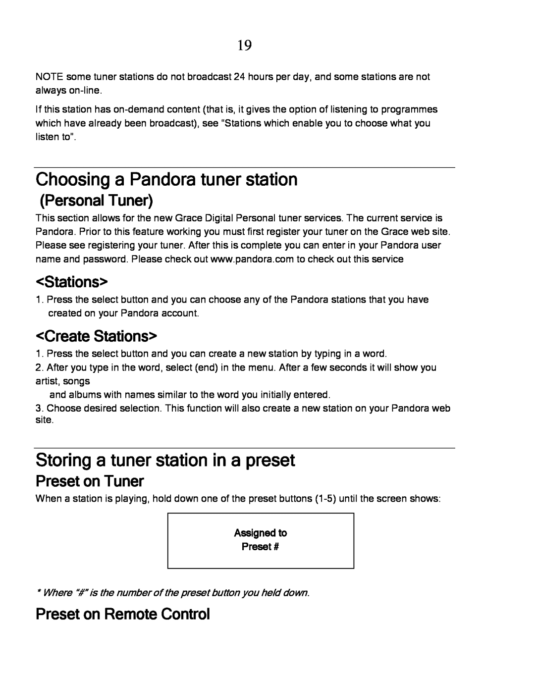 Grace GDI-IRDT200 manual Choosing a Pandora tuner station, Storing a tuner station in a preset, Personal Tuner, <Stations> 
