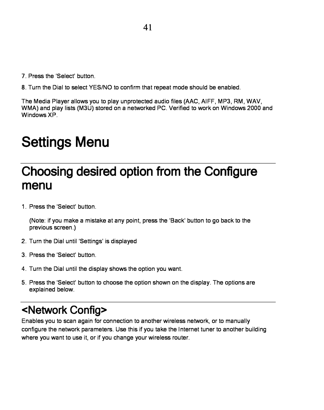 Grace GDI-IRDT200 manual Settings Menu, Choosing desired option from the Configure menu, <Network Config> 