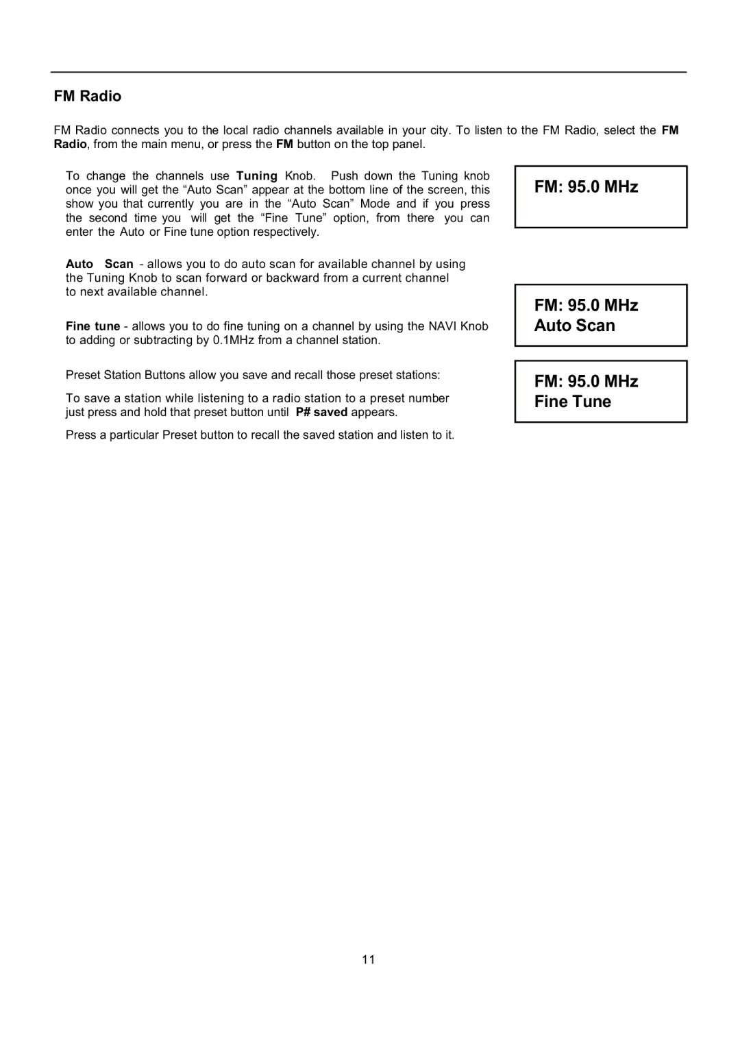 Grace GDI-IRP600 manual FM 95.0 MHz FM 95.0 MHz Auto Scan FM 95.0 MHz Fine Tune, FM Radio 