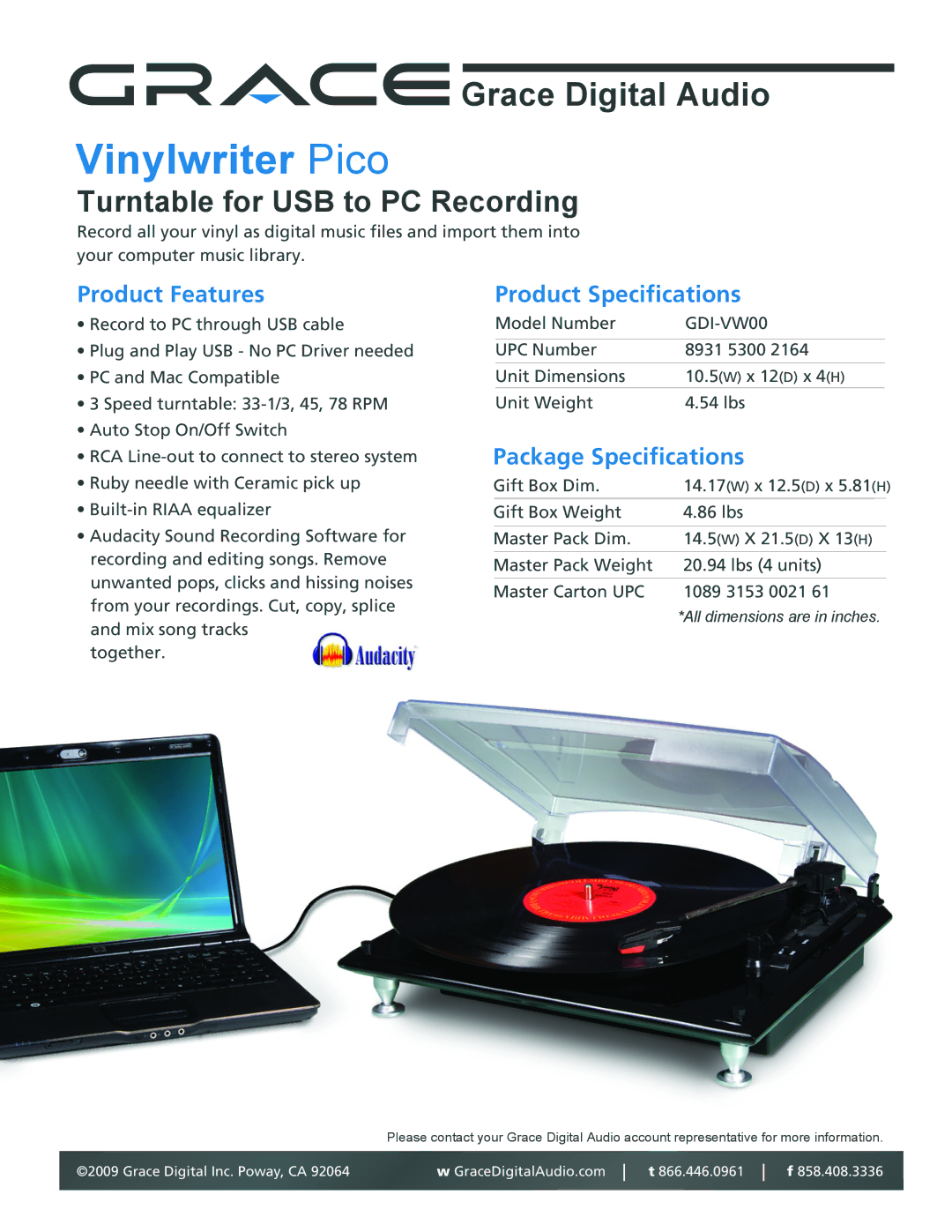 Grace GDI-VW00 specifications Vinylwriter Pico, Turntable for USB to PC Recording, Product Features 