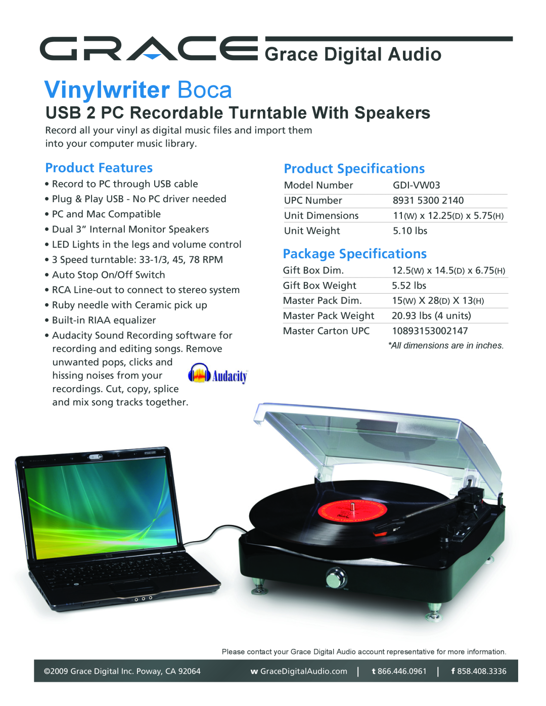 Grace GDI-VW03 specifications Vinylwriter Boca, Grace Digital Audio, USB 2 PC Recordable Turntable With Speakers 