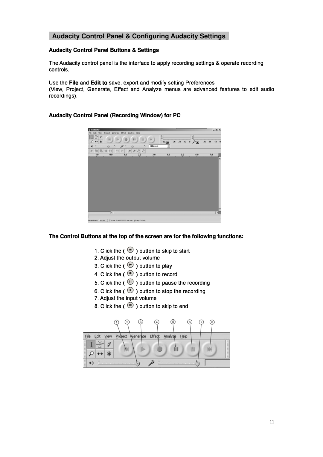 Grace GDI-VW05 manual Audacity Control Panel Buttons & Settings, Audacity Control Panel Recording Window for PC 