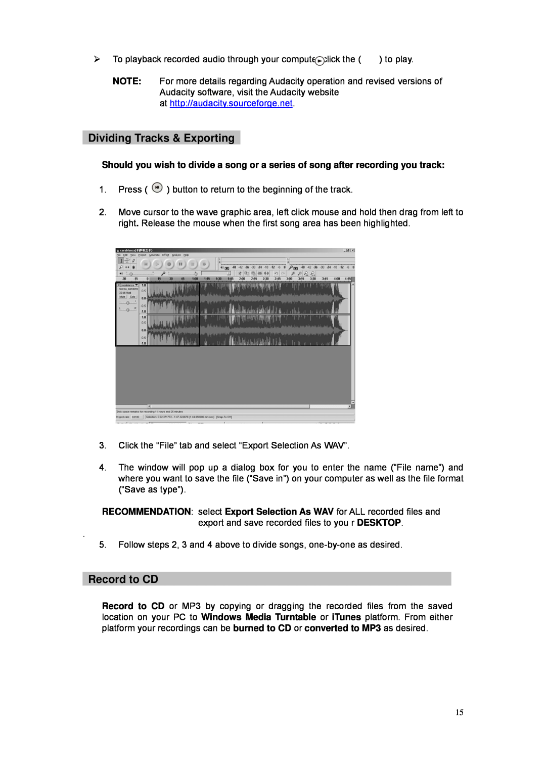 Grace GDI-VW05 manual Dividing Tracks & Exporting, Record to CD 