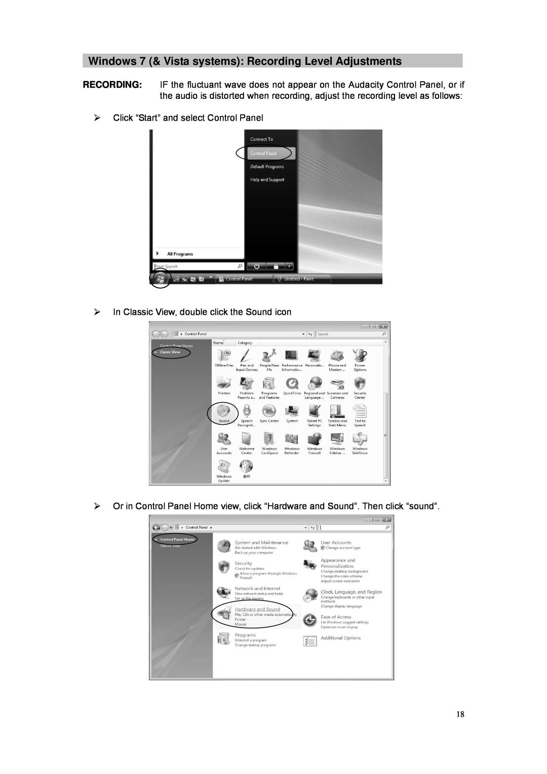 Grace GDI-VW05 manual ¾Click “Start” and select Control Panel, ¾In Classic View, double click the Sound icon 