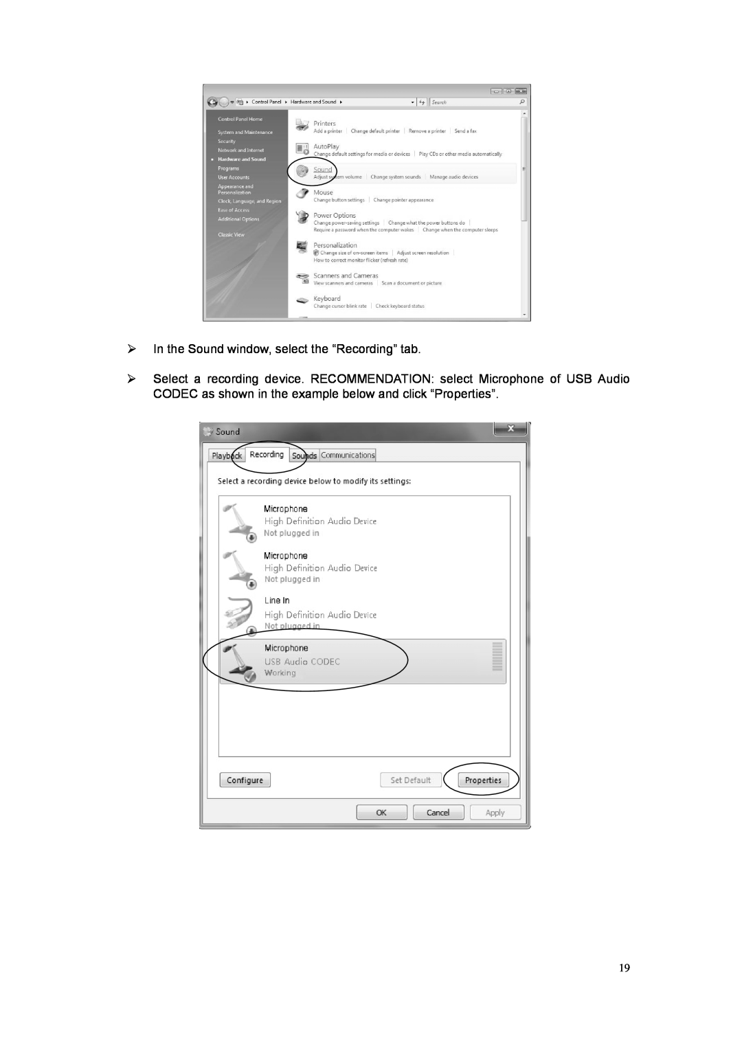 Grace GDI-VW05 manual ¾In the Sound window, select the “Recording” tab 