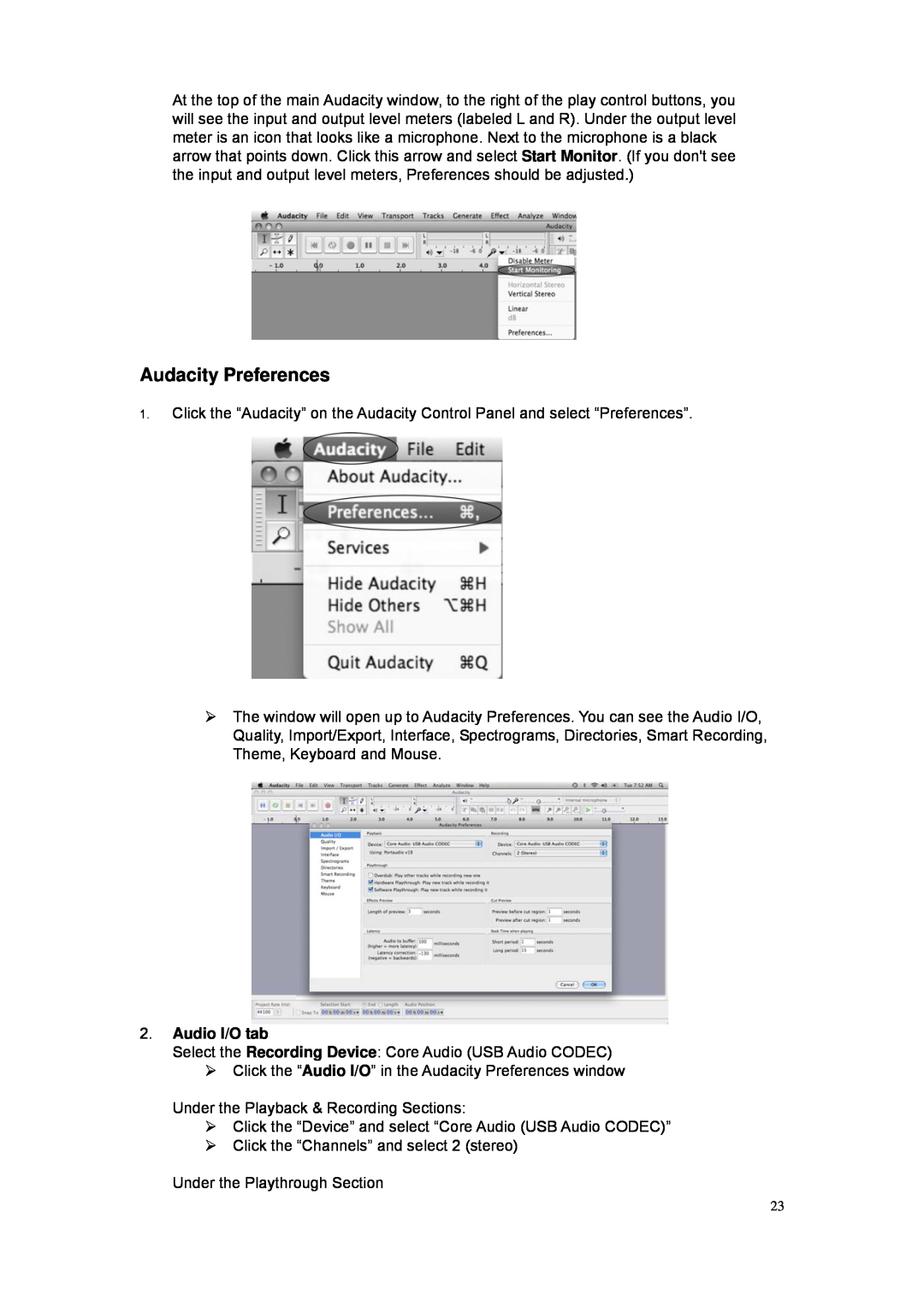 Grace GDI-VW05 manual Audacity Preferences, Audio I/O tab 