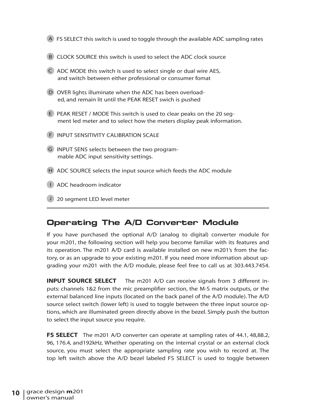 Grace M201 owner manual Operating The A/D Converter Module, Input Sensitivity Calibration Scale 