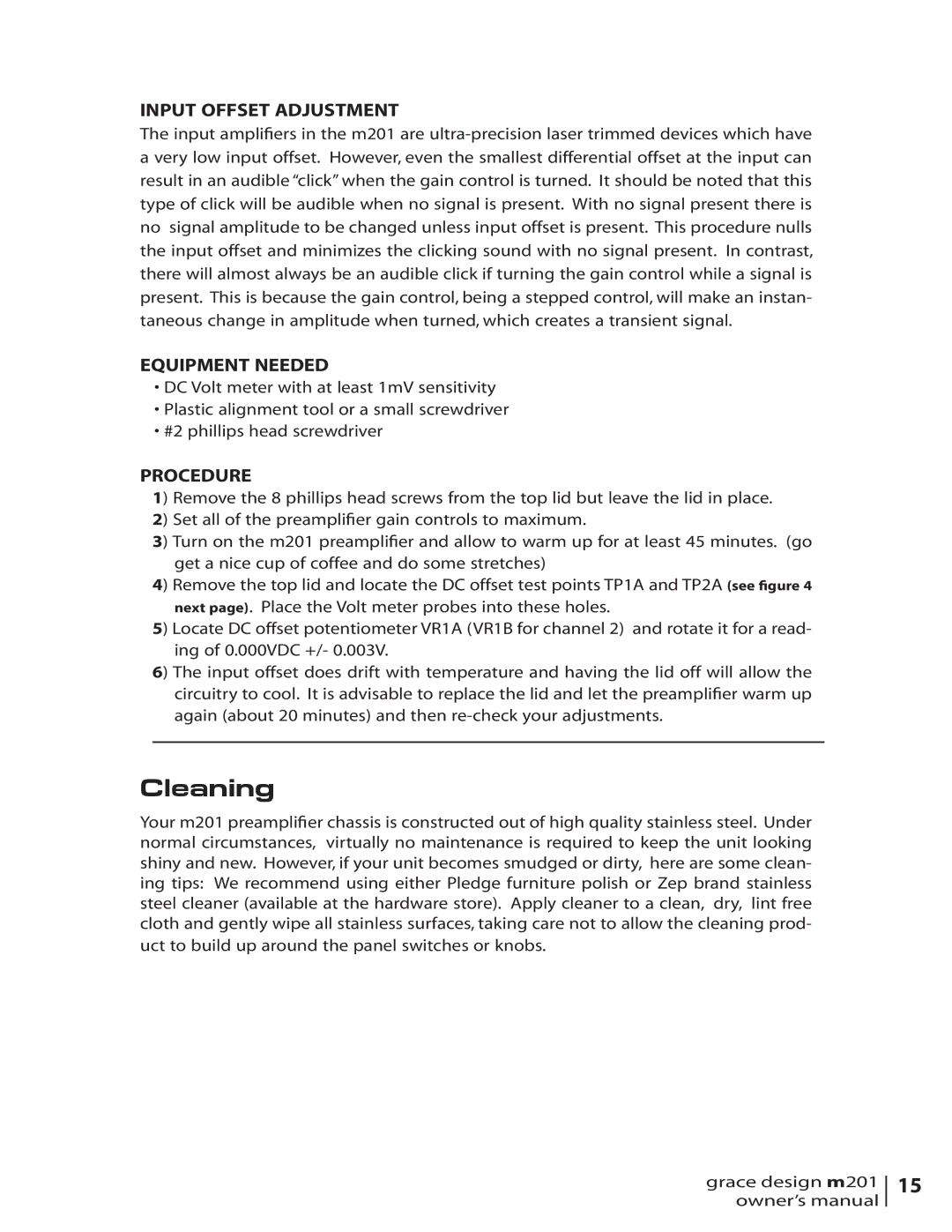 Grace M201 owner manual Cleaning, Input Offset Adjustment 