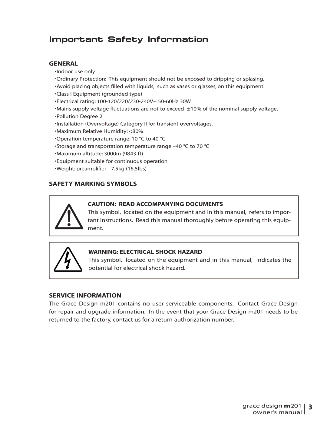 Grace M201 owner manual Important Safety Information, General, Safety Marking Symbols, Service Information 