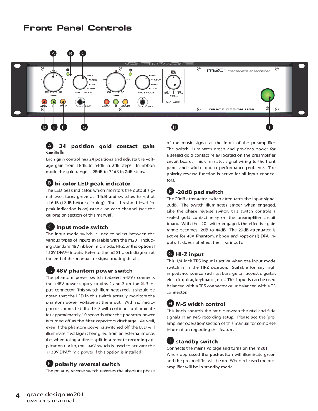 Grace M201 owner manual Front Panel Controls, 201microphone preamplifier 