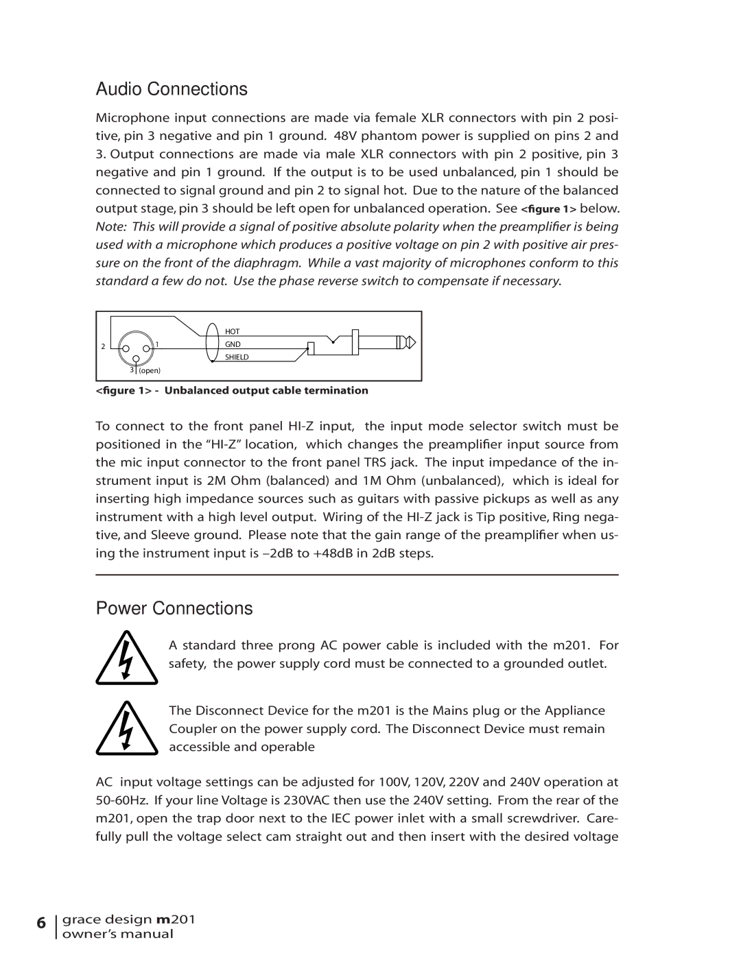 Grace M201 owner manual Audio Connections, Power Connections 