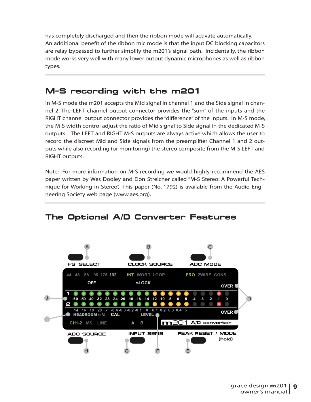 Grace M201 owner manual Recording with the m201, Optional A/D Converter Features 