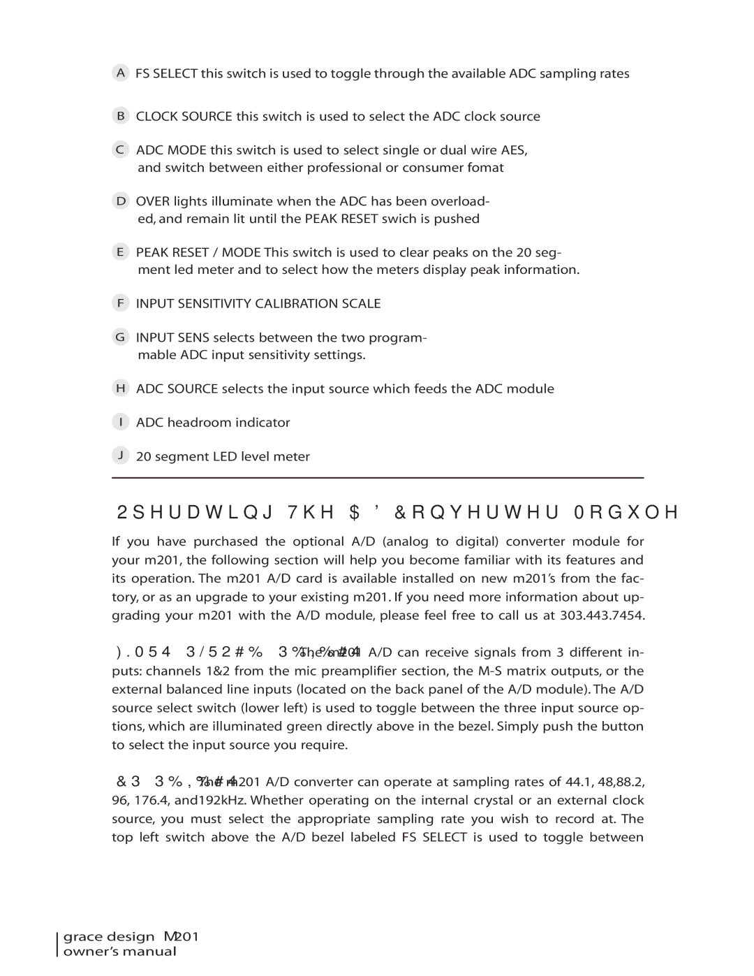 Grace M201 owner manual Operating The A/D Converter Module, Input Sensitivity Calibration Scale 