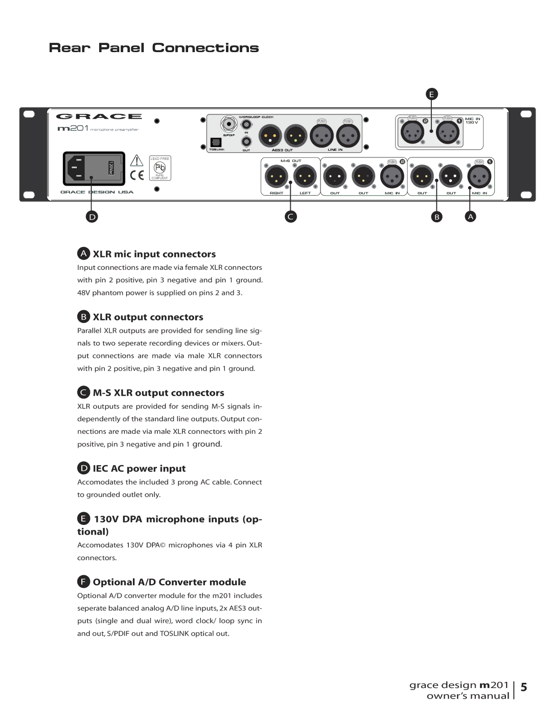 Grace M201 owner manual Rear Panel Connections, 120Vac 