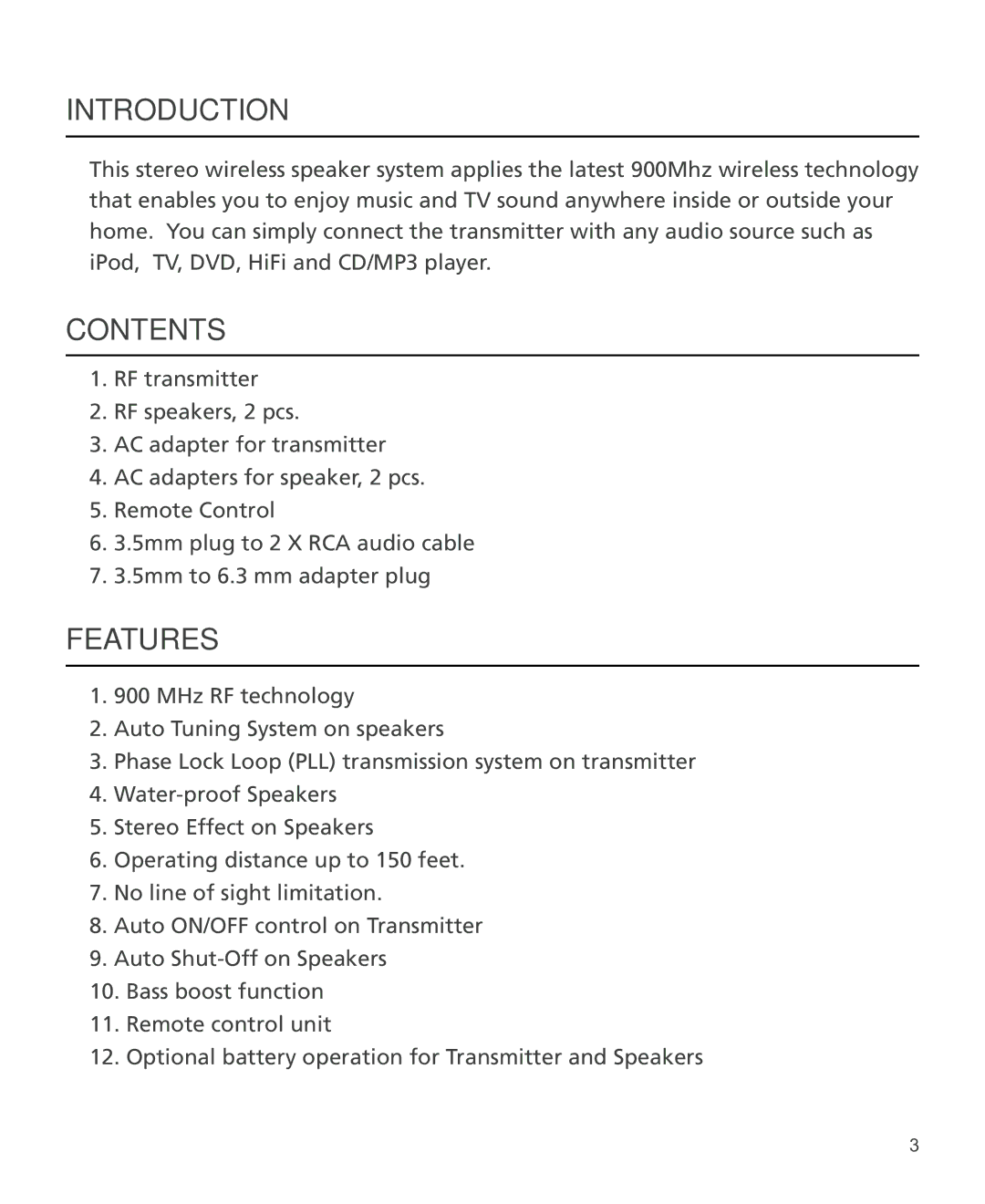 Grace SCN300W manual Introduction, Contents, Features 